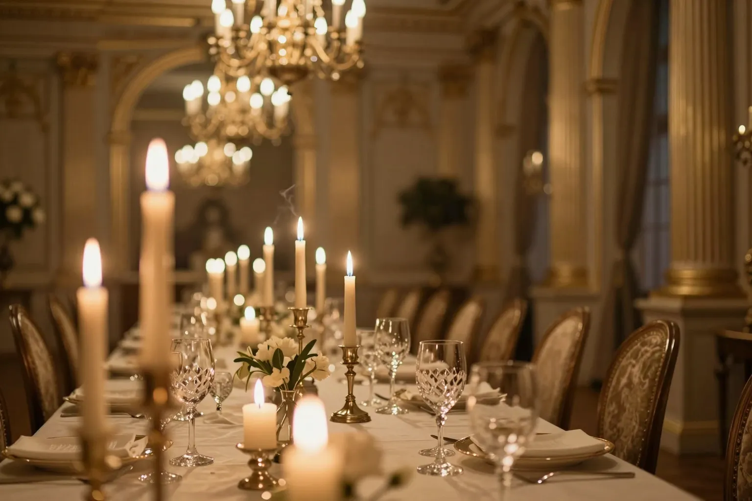 A candlelit banquet table set for an event, chandeliers glowing in the background